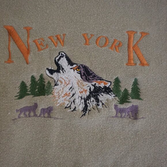 Vintage '90s Tultex Olive Green Embroidered New York Wolves Crewneck sweater XL - Picture 5 of 10
